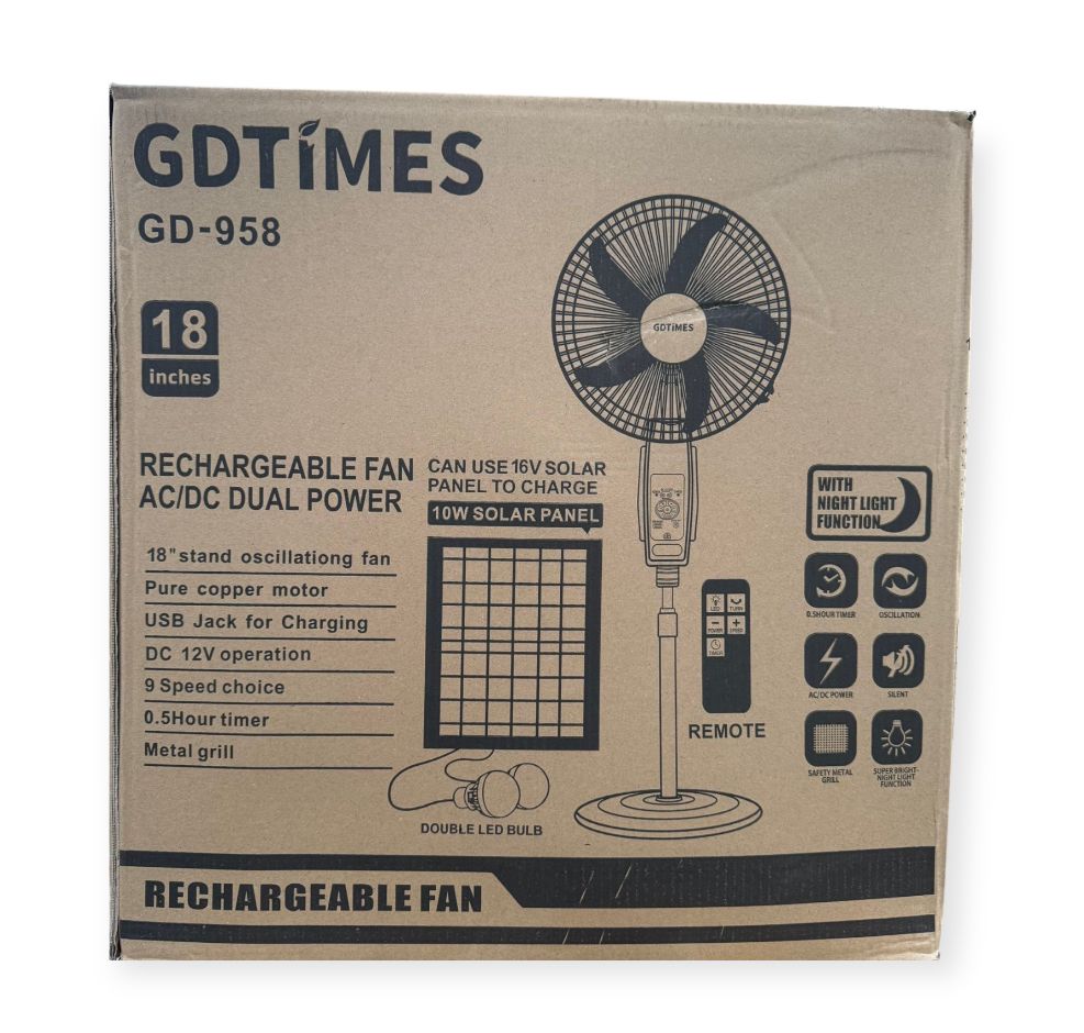 VENTILADOR 18" RECARGABLE PANEL SOLAR - GD958 *ENVIO INCLUIDO*
